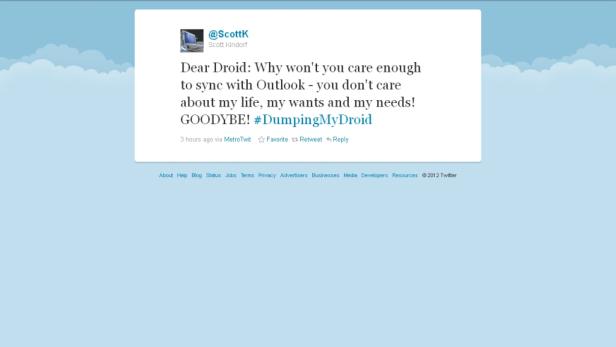 Ein Screenshot eines Tweets von @ScottK, in dem er sich über Synchronisierungsprobleme mit Outlook beschwert.