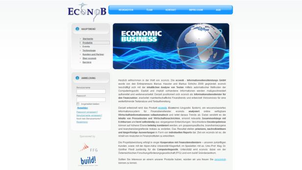 Die Webseite von Econob, einem Informationsdienstleister für den Finanzsektor, mit dem Logo und Menüpunkten.