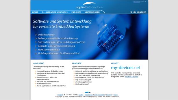 Die Webseite von Applied Informatics mit Fokus auf Software- und Systementwicklung.