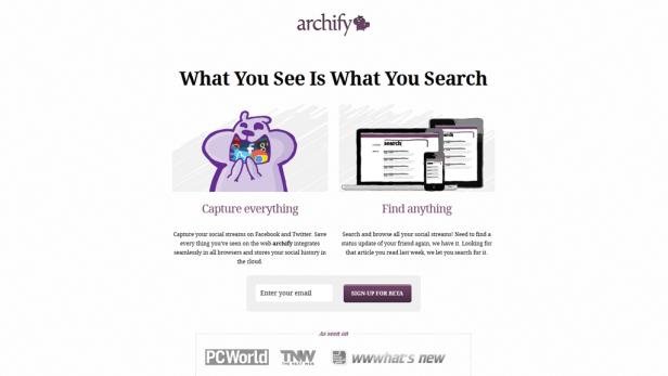 Die Archify-Webseite zeigt ein lila Maskottchen und Geräte mit Suchfunktion.