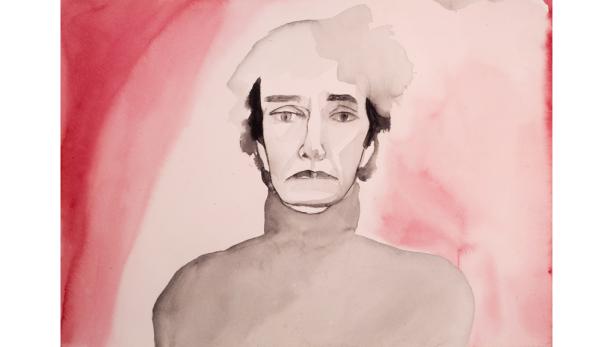 Ein Aquarellporträt eines Mannes mit ernstem Gesichtsausdruck vor einem roten Hintergrund.