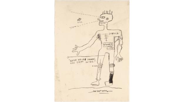 Eine Zeichnung von Jean-Michel Basquiat zeigt eine stilisierte menschliche Figur mit Beschriftungen wie „Stomach“ und dem Titel „The Soft Diat“.