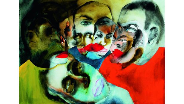 Ein Aquarellgemälde zeigt mehrere überlappende Gesichter in verschiedenen Farben.