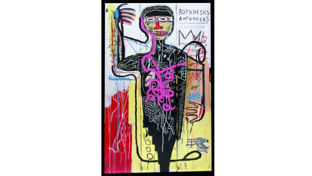 Ein Gemälde im Stil von Basquiat zeigt eine stilisierte menschliche Figur mit pinkfarbenen Details.
