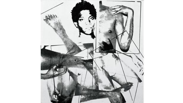Ein Schwarz-Weiß-Porträt von Jean-Michel Basquiat, überlagert von fragmentierten Körperdarstellungen.