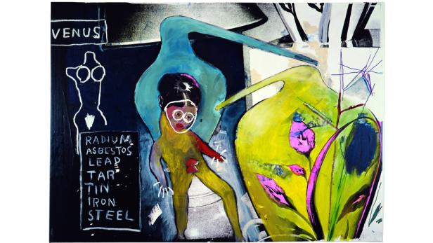 Ein Gemälde mit einer stilisierten Figur, Pflanzen und dem Wort „Venus“.