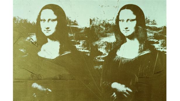 Eine stilisierte Darstellung der „Mona Lisa“ in Goldtönen.