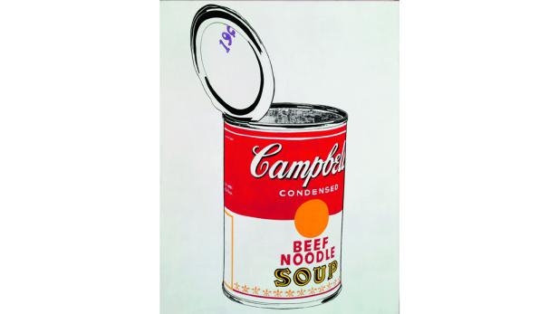 Eine stilisierte Darstellung einer geöffneten Campbell's Beef Noodle Soup Dose.