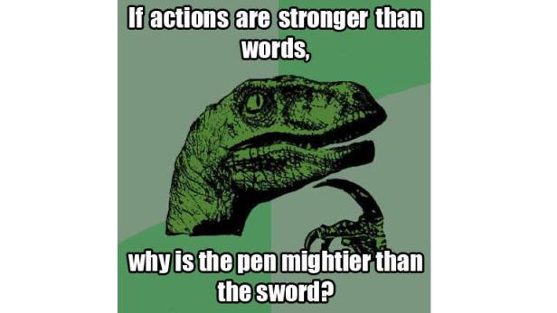 Ein grüner Dinosaurier im Meme-Stil denkt über die Macht des Stiftes nach.