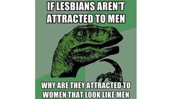 Ein grüner Dinosaurier im „Philosoraptor“-Meme stellt eine rhetorische Frage über Lesben und Männer.