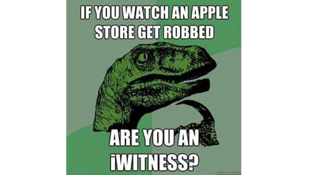 Ein grüner Dinosaurier im Meme-Stil denkt über den Raub eines Apple Stores nach.