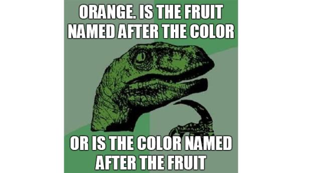 Ein grüner Dinosaurier im Meme-Stil denkt über die Beziehung zwischen der Farbe und der Frucht Orange nach.
