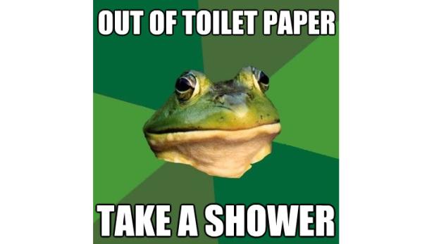 Ein Meme mit einem Frosch, der sagt, dass man duschen soll, wenn das Toilettenpapier ausgegangen ist.
