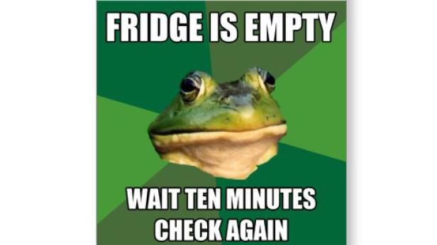 Ein Meme mit einem Frosch und dem Text: „Kühlschrank ist leer. Warte zehn Minuten. Überprüfe noch einmal.“.