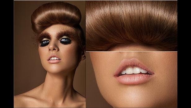 Eine Frau mit extravagantem Make-up und hochgesteckten Haaren posiert.