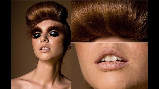 Eine Frau mit extravagantem Make-up und hochgesteckten Haaren posiert.