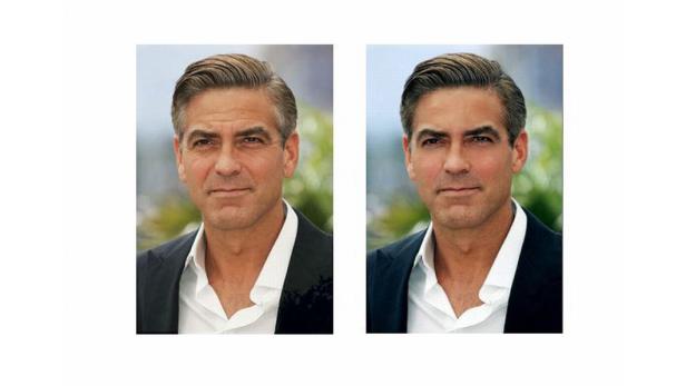 Ein Vergleich von George Clooney mit und ohne digitaler Hautglättung.