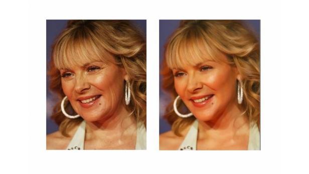 Zwei Porträts von Kim Cattrall, eines vor und eines nach der Hautretusche.