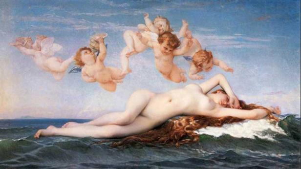 Eine nackte Frau liegt auf einer Welle, umgeben von mehreren Putten.