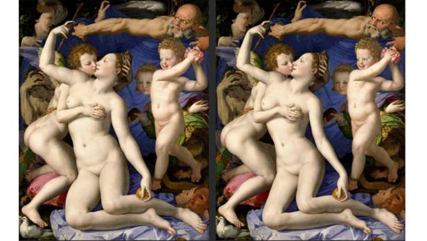 Venus und Amor werden von Putten und einem bärtigen Mann umgeben.