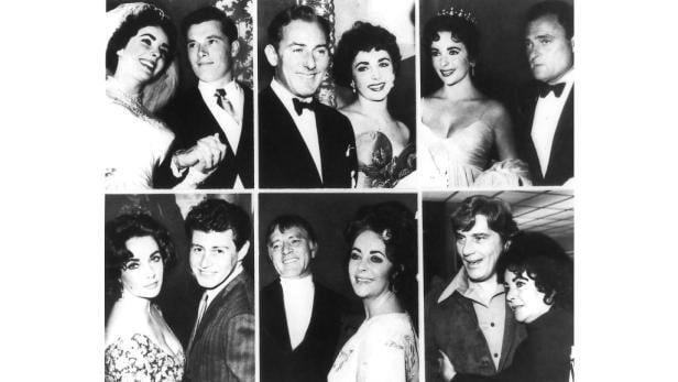 Eine Collage von Schwarzweißfotos, die Elizabeth Taylor mit verschiedenen Ehemännern zeigt.