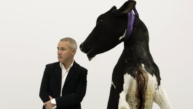 Damien Hirst neben seiner Skulptur einer halbierten Kuh mit lila Tuch.