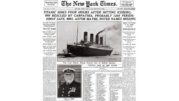 Titelseite der New York Times vom 16. April 1912 über den Untergang der Titanic.