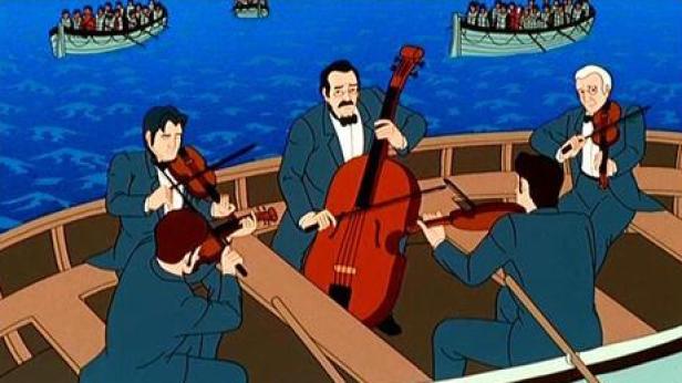 Ein Streichquartett spielt auf einem sinkenden Schiff, während Rettungsboote im Hintergrund zu sehen sind.