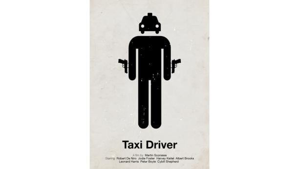 Ein stilisierter Mann mit Taxiaufsatz und zwei Pistolen, eine Anspielung auf den Film „Taxi Driver“.