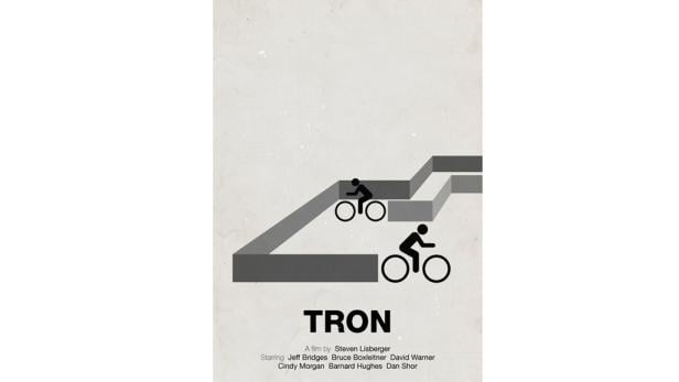 Minimalistisches Filmposter für „Tron“ mit stilisierter Motorradrennstrecke.