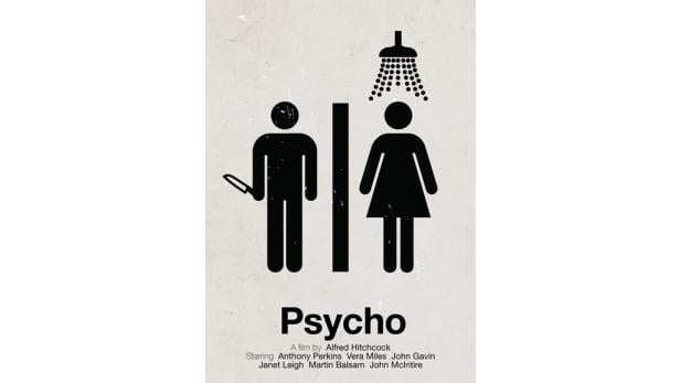 Ein minimalistisches Filmposter für „Psycho“ mit Piktogrammen, die eine Szene aus dem Duschraum darstellen.