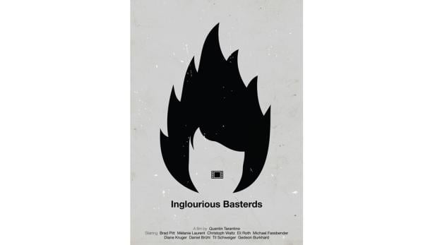 Minimalistisches Filmposter für „Inglourious Basterds“ mit stilisierter Flamme und Filmrolle.