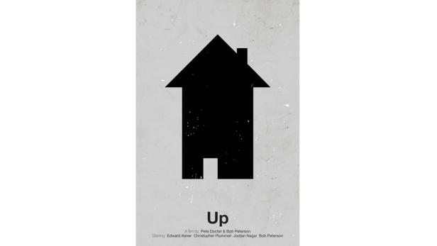 Ein minimalistisches Filmposter für „Up“ mit einer stilisierten Hausgrafik.