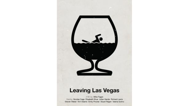 Ein stilisierter Schwimmer in einem Weinglas, eine Anspielung auf den Film „Leaving Las Vegas“.