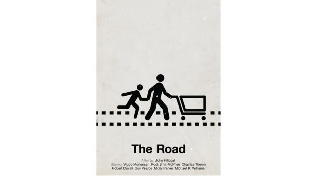 Ein stilisierter Vater und Sohn schieben einen Einkaufswagen auf dem Filmplakat zu „The Road“.