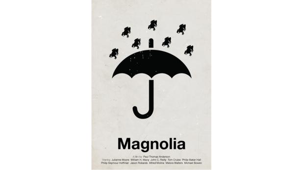 Ein minimalistisches Filmplakat für „Magnolia“ mit einem Regenschirm und fallenden Fröschen.