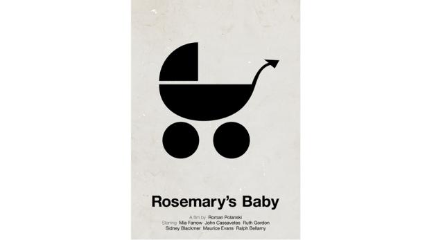 Das stilisierte Filmplakat für „Rosemarys Baby“ zeigt einen Kinderwagen mit einem dämonisch geformten Griff.