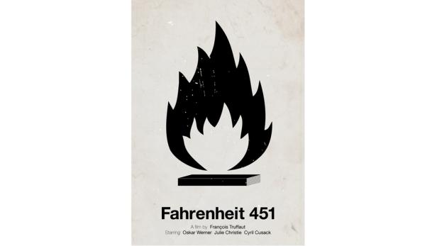 Das Filmplakat für „Fahrenheit 451“ zeigt eine stilisierte Flamme über einem Buch.