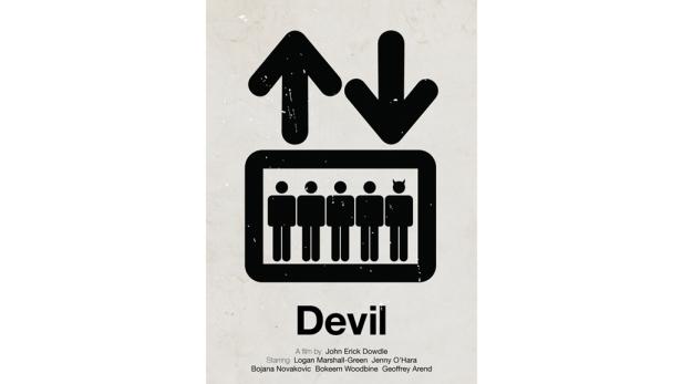 Ein stilisierter Aufzug mit fünf Personen, von denen eine Teufelshörner hat, unter Pfeilen.