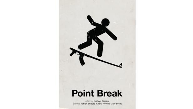 Ein stilisierter Surfer reitet auf einem Gewehr; Filmposter für „Point Break“.