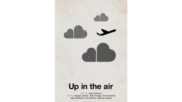 Ein stilisierter Filmposter für „Up in the Air“ mit einem Flugzeug und Wolken.