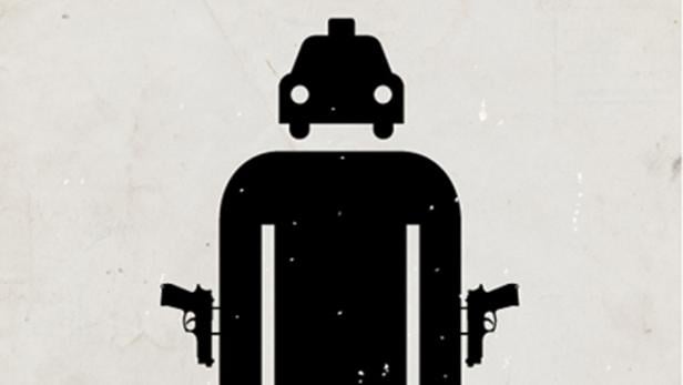 Eine stilisierte Darstellung eines Taxifahrers mit zwei Pistolen.