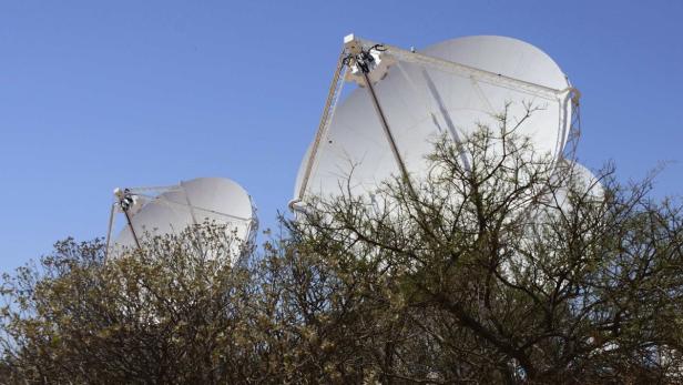 Zwei große, weiße Satellitenschüsseln ragen hinter Bäumen in den blauen Himmel.