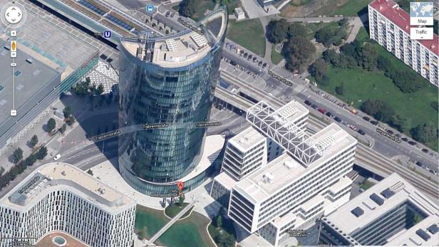Luftaufnahme des OMV-Hauptsitzes in Wien, Österreich.