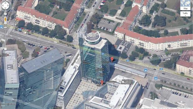 Luftaufnahme des Vienna Twin Tower Komplexes an der Wienerbergstraße.