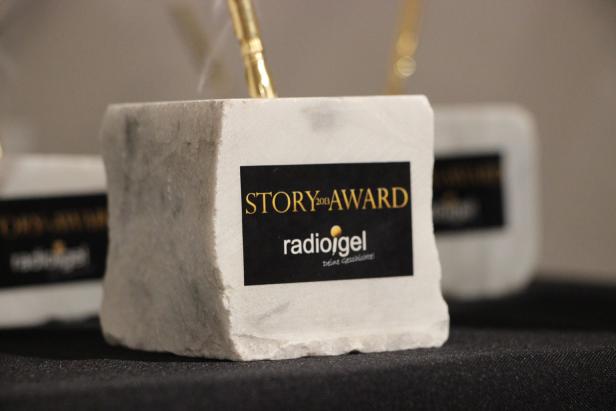 Ein „radioigel Story Award“ aus Marmor mit goldenem Stift steckt darin.