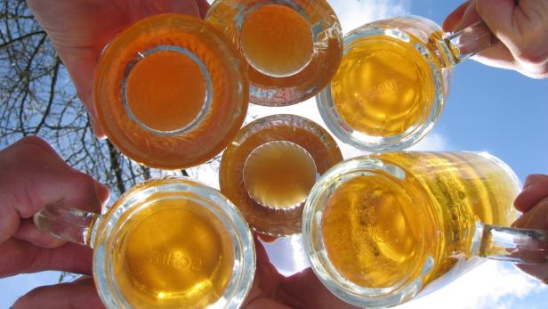 Mehrere Personen stoßen mit Bierkrügen vor blauem Himmel an.