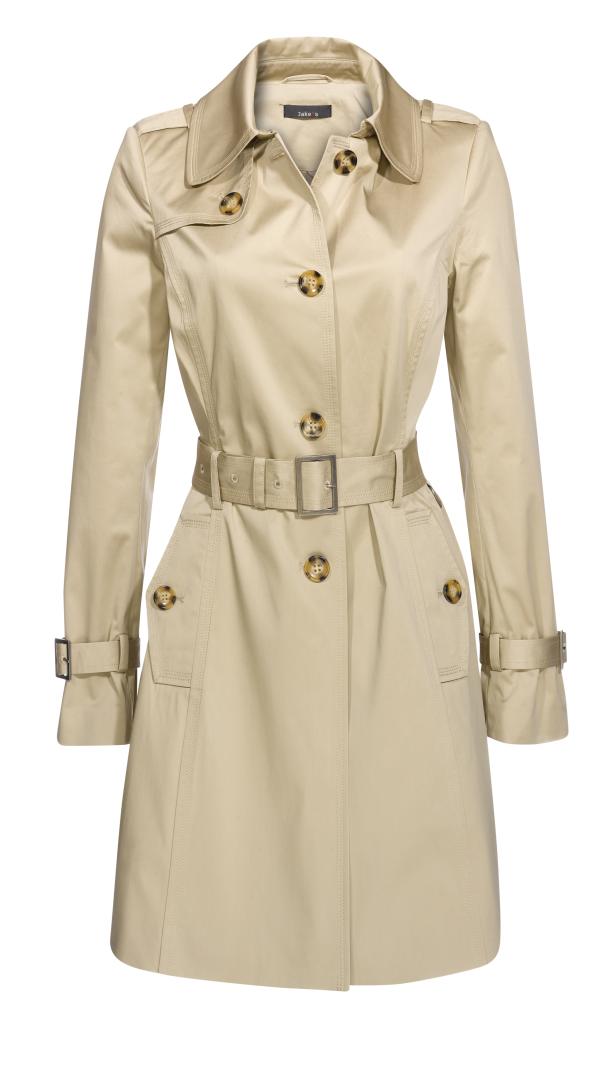 Ein beigefarbener Trenchcoat mit Gürtel und Knöpfen.