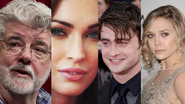 Ein Mosaik aus Porträts von George Lucas, Megan Fox, Daniel Radcliffe und Elizabeth Olsen.