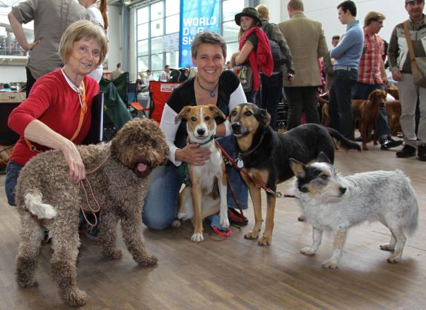 Zwei Frauen posieren mit ihren vier Hunden auf einer Hundeausstellung.